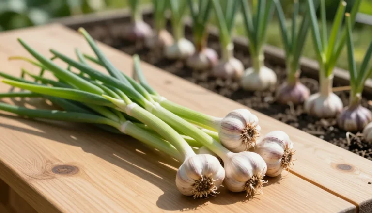 Bulbes d ail fraichement recoltes sur table en bois au jardin
