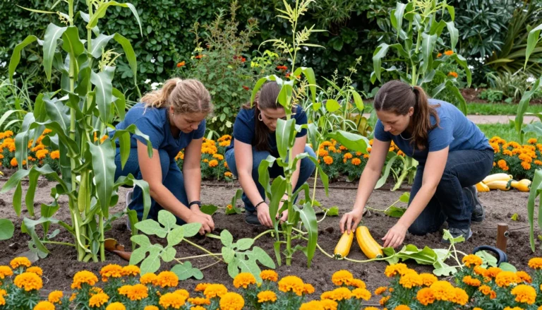 Association des Trois Soeurs : mais, haricots grimpants et courges avec tagetes