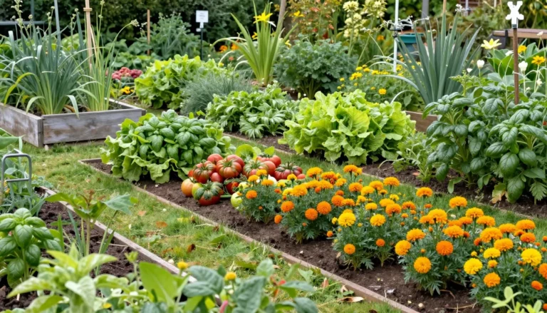 Potager bio aux planches melangees : tomates, basilic, salades, carottes et tagetes