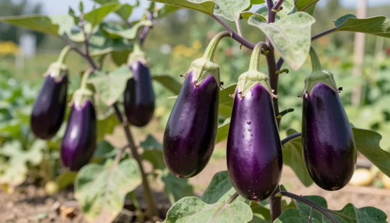 Aubergines violettes brillantes pendant des plants au potager francais