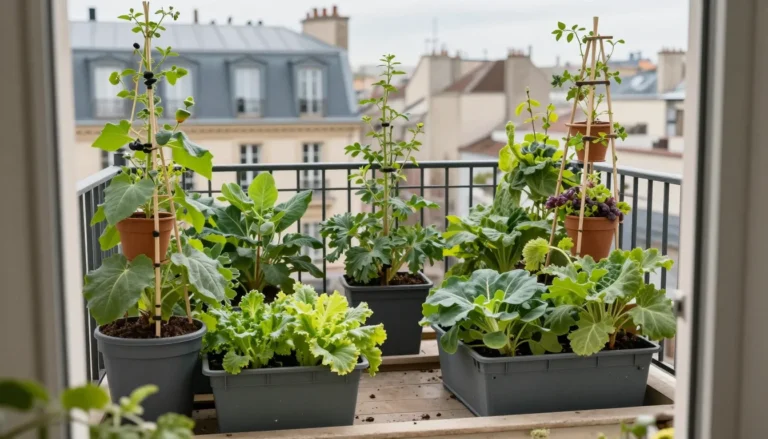 Balcon de 5 m2 amenage en potager vertical avec treillis