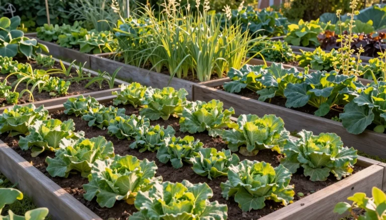 Bacs sureleves dans un potager francais en lumiere doree de fin d'apres-midi
