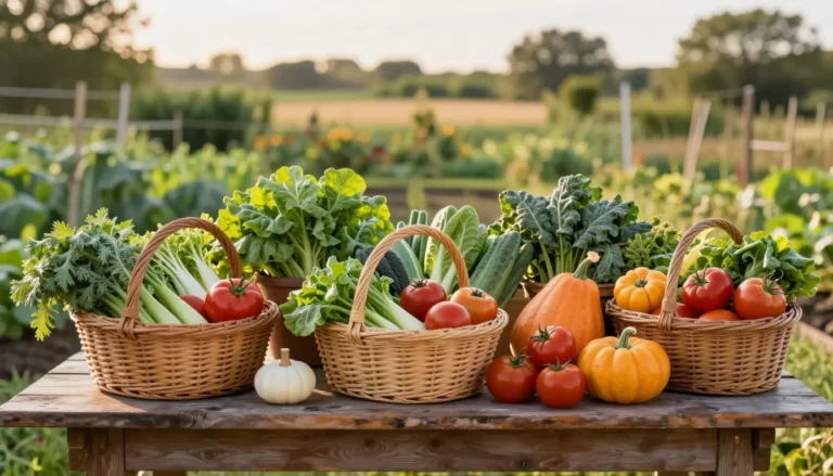 Calendrier potager : recoltes saisonnieres en panier sur table rustique au jardin