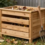 Composteur en bois a trois bacs avec dechets de cuisine et feuilles seches