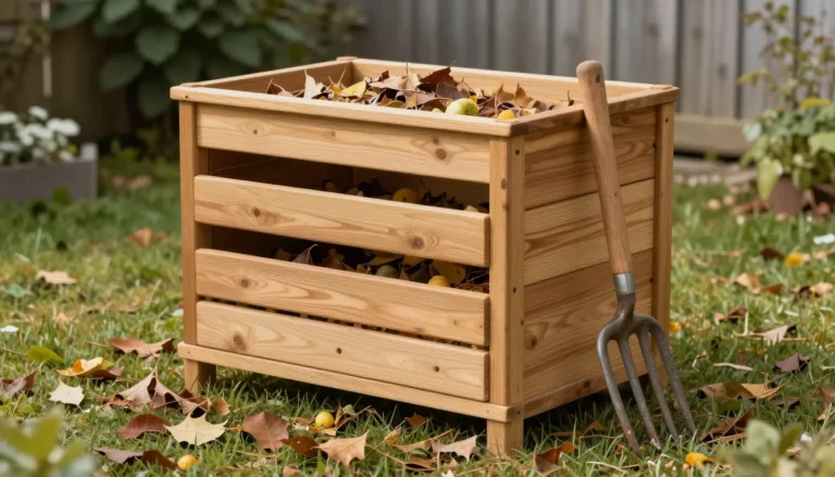 Composteur en bois a trois bacs avec dechets de cuisine et feuilles seches