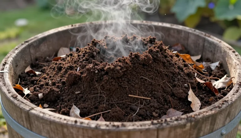 Compost mature dans un bac en bois avec couches de matieres vertes et brunes