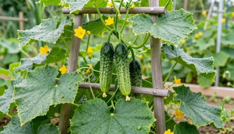 Concombres verts grimpant sur un treillis en bois au potager