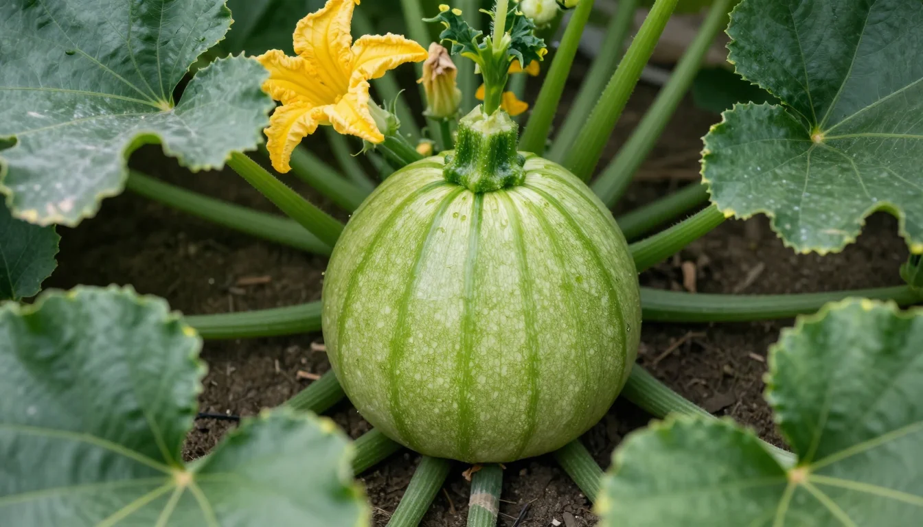 Courgette ronde de Nice sur plant aux larges feuilles