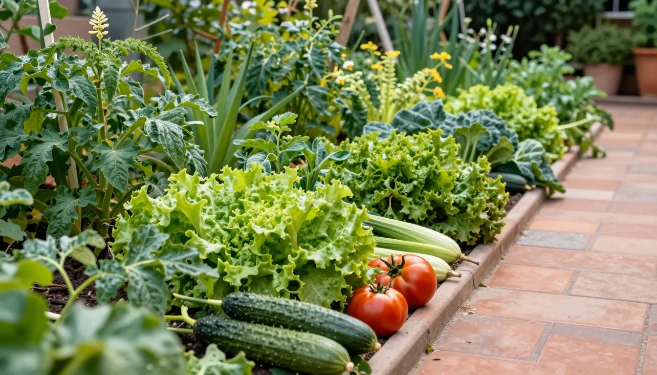 Potager bio francais avec rangees de legumes tomates laitues courgettes en lumiere du matin