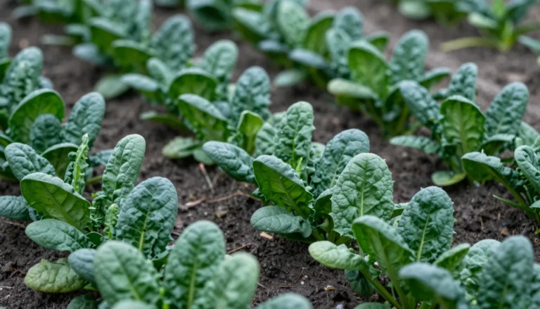 Rangees de jeunes epinards aux feuilles tendres au potager