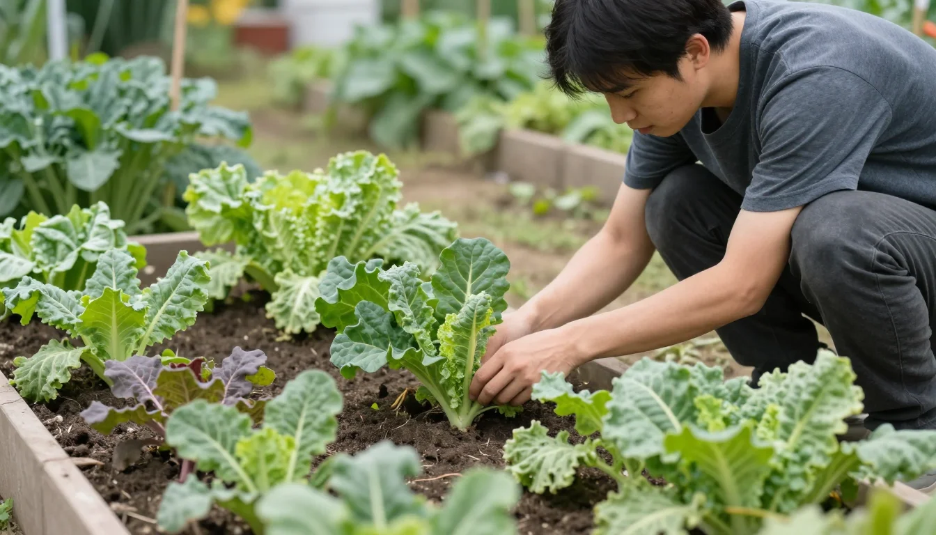 Potager de debutant aux cultures denses avec jardinier qui inspecte