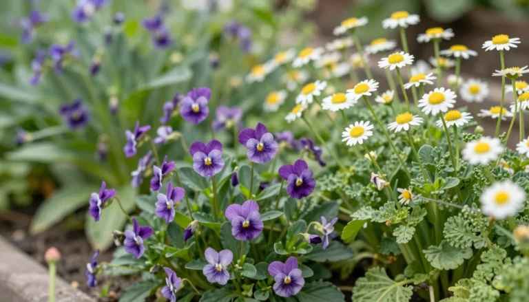 Fleurs comestibles au jardin : capucines, violettes et bourraches en floraison