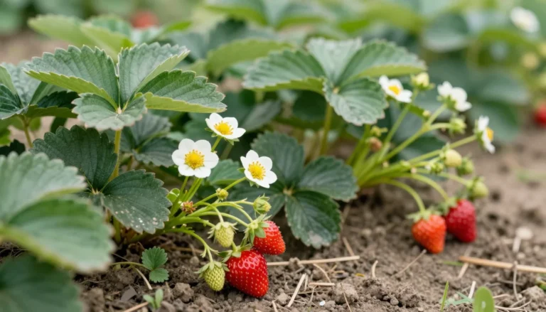 Fraises rouges mures sur plants avec fleurs blanches au jardin