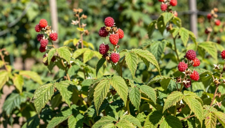 Framboises remontantes mures sur cannes hautes au jardin