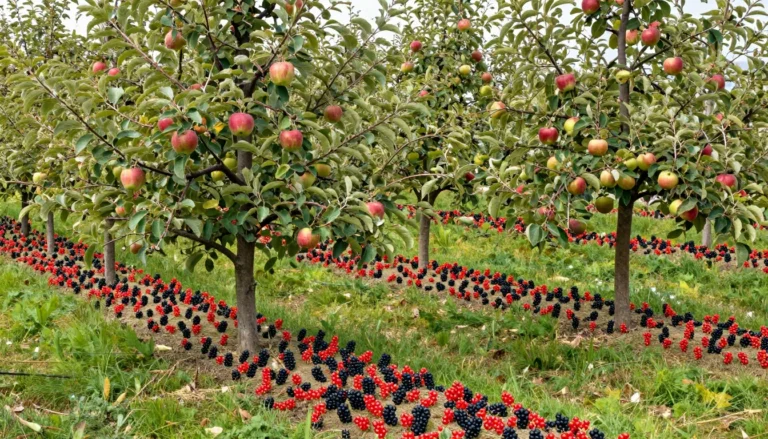 Verger francais avec pommiers, poiriers et buissons de petits fruits charges de baies