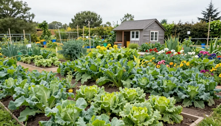 Potager bio francais prospere avec cabanon en bois et fleurs