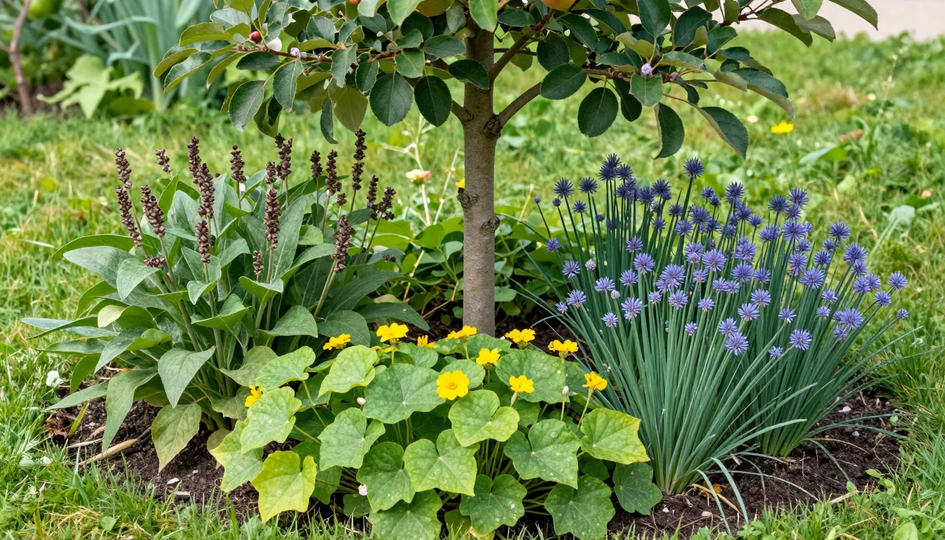 Guilde de permaculture autour d un jeune pommier avec consoude et capucines