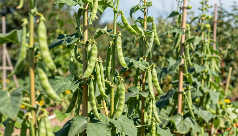 Haricots verts grimpants sur tipis en bambou au potager