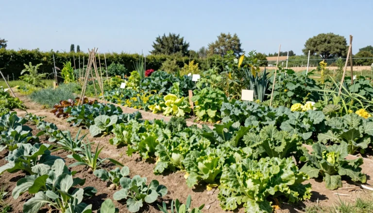 Potager bio francais en debut d ete avec rangees de cultures variees