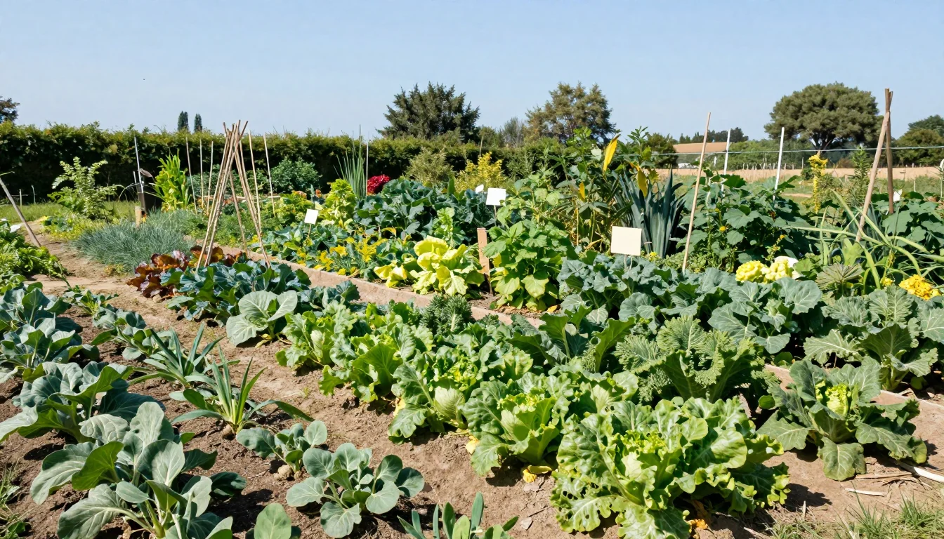 Potager bio francais en debut d ete avec rangees de cultures variees