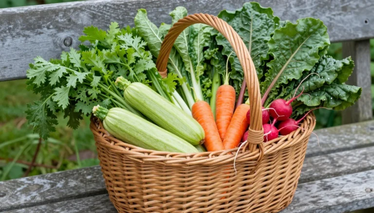 Panier de legumes de saison bio sur banc de jardin
