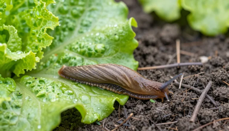 Limace sur sol humide pres de feuilles de salade au petit matin