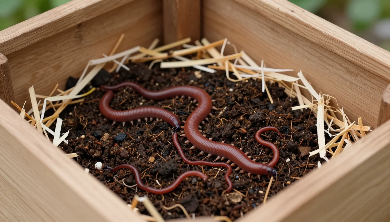 Lombricomposteur ouvert avec vers Eisenia dans compost sombre