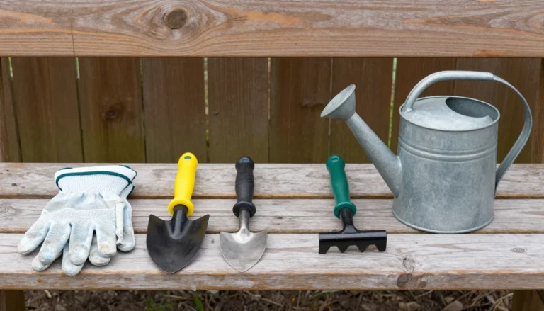 Outils essentiels du jardinier debutant alignes sur un banc en bois