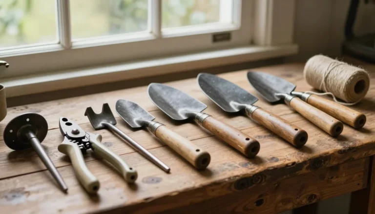 Outils de jardinage organique : secateurs, plantoir, rateau et houe sur etabli