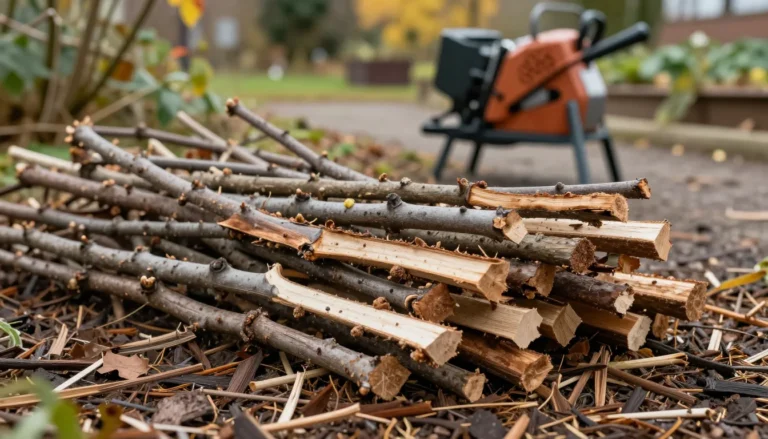 Bois Rameal Fragmente fraichement broye en tas dans le jardin