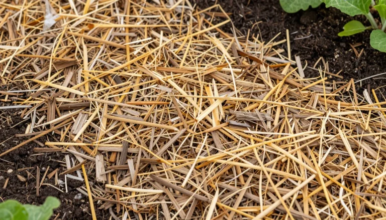 Paillage au potager : paille et copeaux de bois autour de jeunes legumes