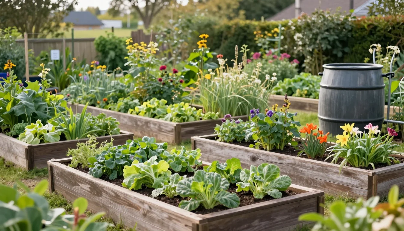 Jardin en permaculture francaise avec buttes paillage composteur et legumes diversifies