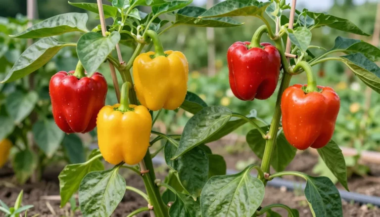 Poivrons rouges et jaunes brillants sur plants tuteures au potager