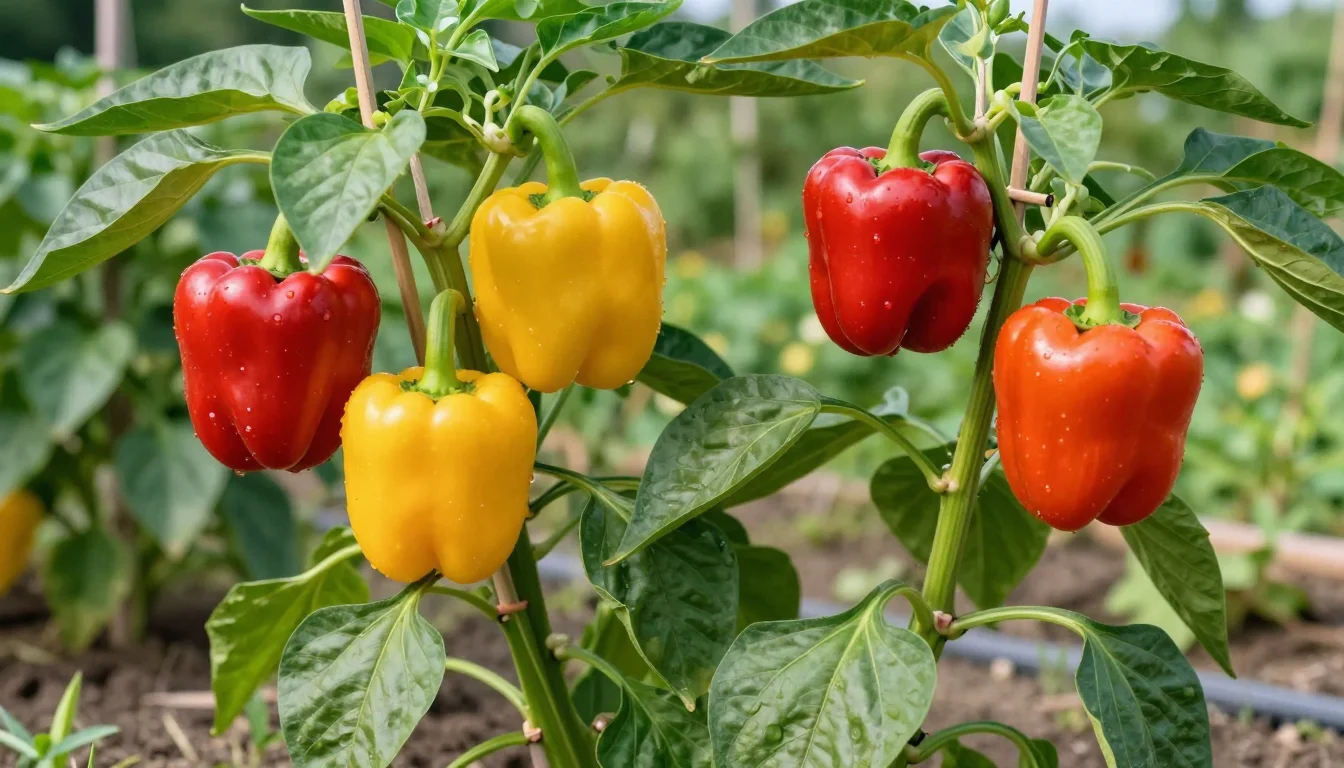 Poivrons rouges et jaunes brillants sur plants tuteures au potager