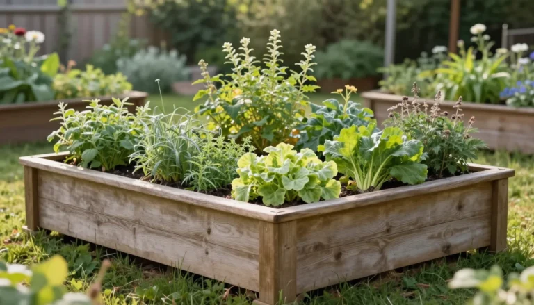 Potager en bac sureleve en bois rempli de legumes et aromatiques