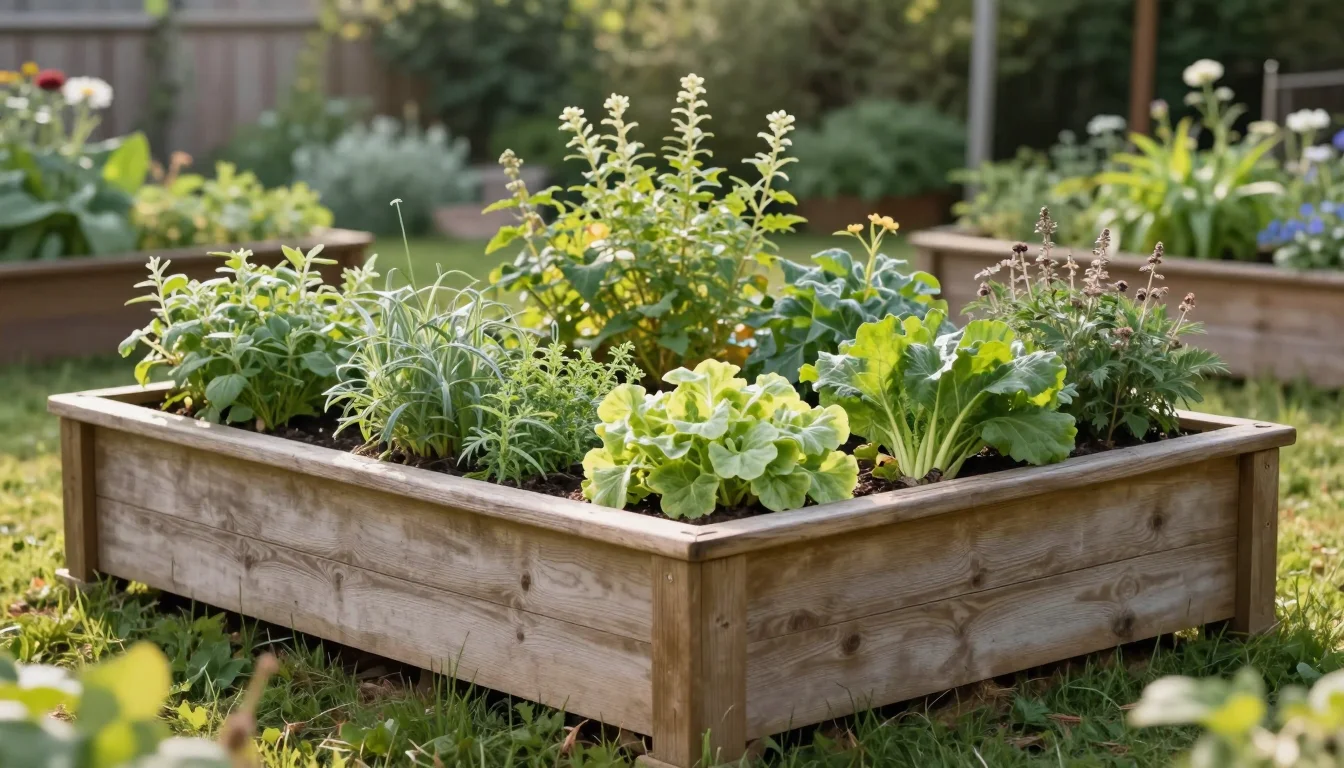 Potager en bac sureleve en bois rempli de legumes et aromatiques