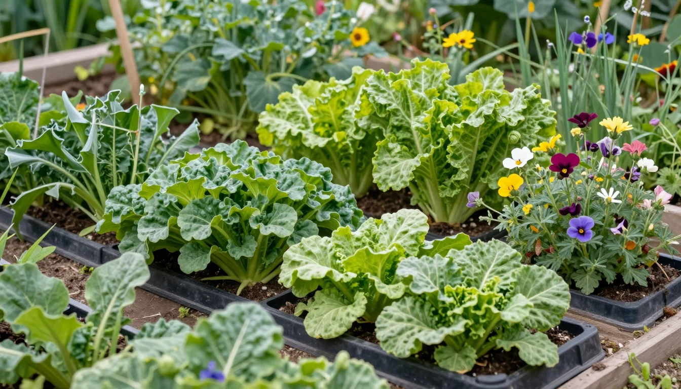 Potager bio francais avec fleurs compagnes et biodiversite naturelle