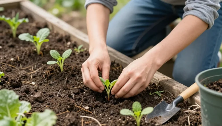 Jardinier debutant plantant ses premiers plants au potager