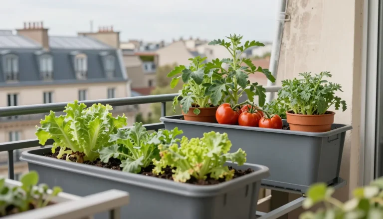 Potager urbain sur balcon parisien avec pots de tomates et aromatiques
