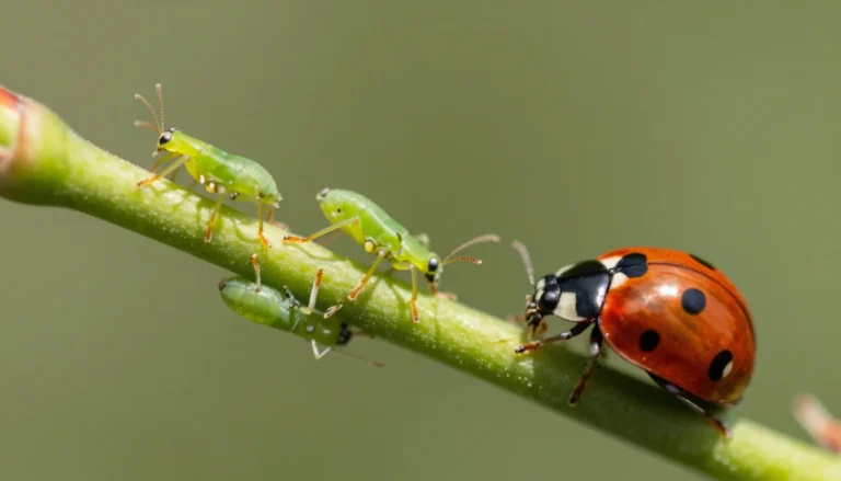 Pucerons verts sur tige de rosier avec une coccinelle qui approche
