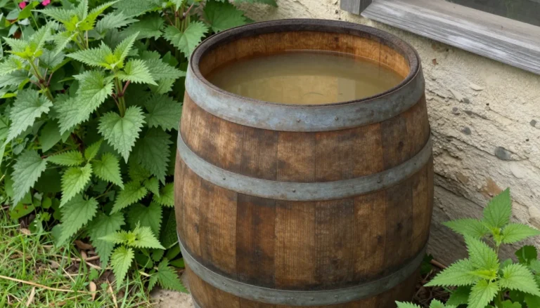 Tonneau en bois de purin d orties en fermentation avec orties fraiches