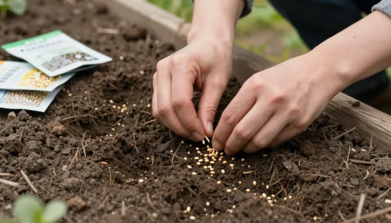 Mains de jardinier semant des graines dans une planche fraichement preparee