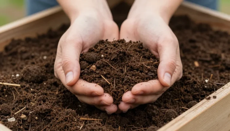 Terreau potager : substrat organique riche tenu en main au-dessus d un caisson de semis