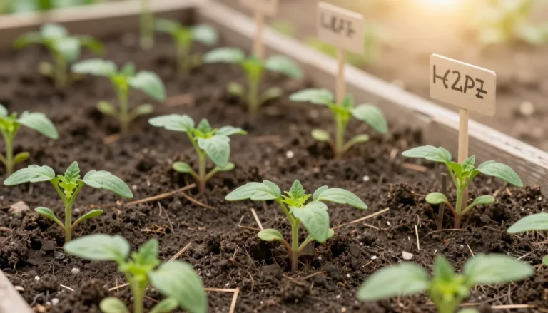 Jeunes plants de tomates mis en terre avec tuteurs au printemps