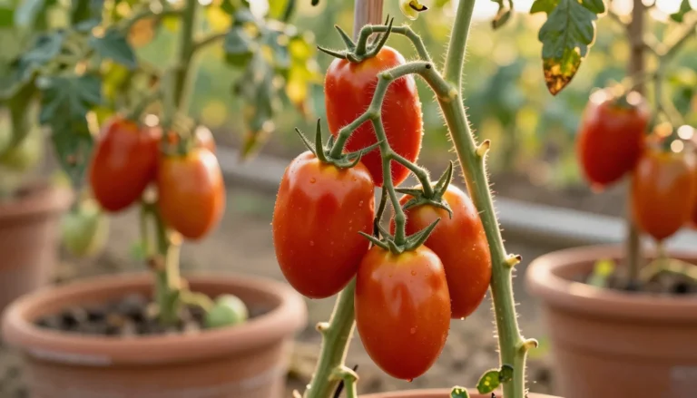 Tomates San Marzano allongees sur plants tuteures au jardin