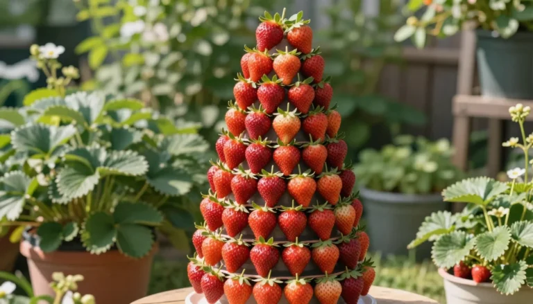 Tour a fraises verticale en pots empiles avec fruits rouges