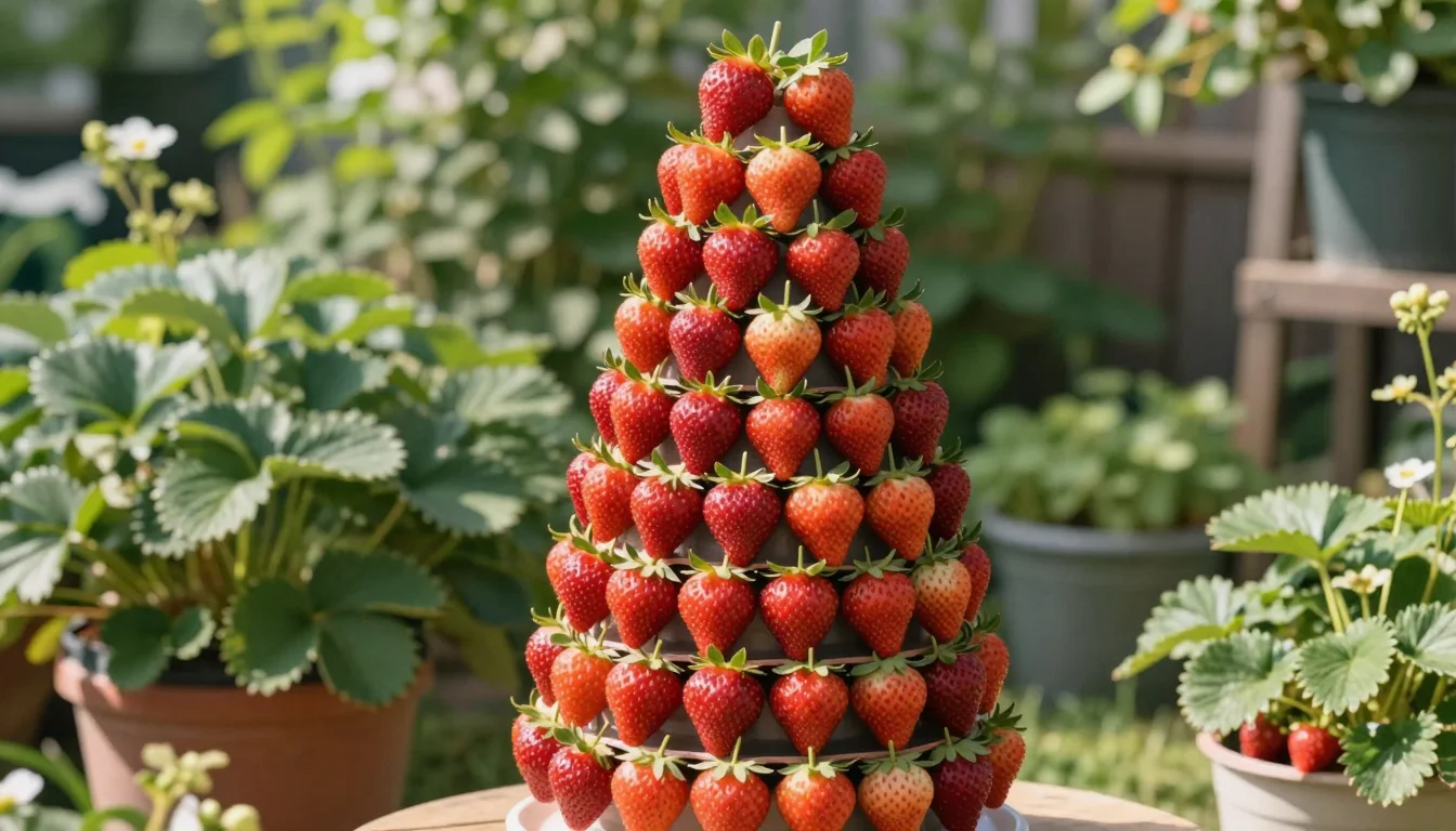 Tour a fraises verticale en pots empiles avec fruits rouges