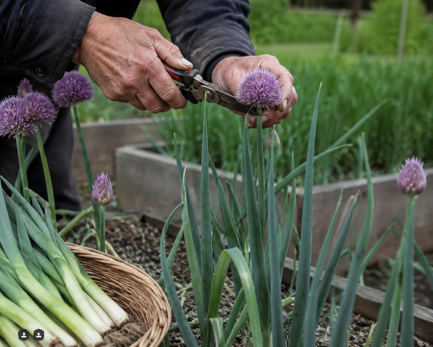 Lignes de poireaux au potager en août avec hampes florales montées, geste de coupe de la fleur au sécateur