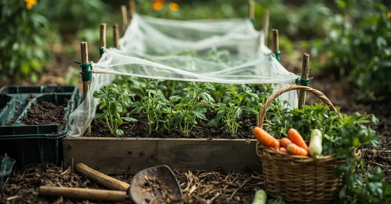 Jeunes plants de tomates repiqués protégés par un filet antiinsectes