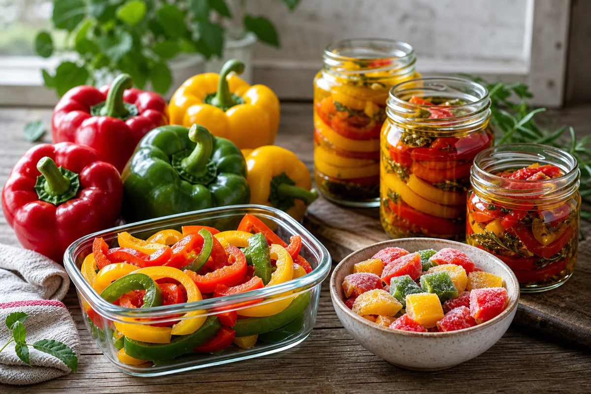 Fresh and preserved bell peppers shown whole, cut, frozen, and stored in jars on a kitchen work surface.